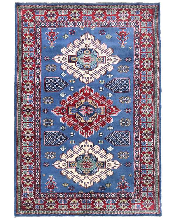 4x6 Feet Blue Shirvan Afghan Hand Knotted Geometric Wool Area Rug